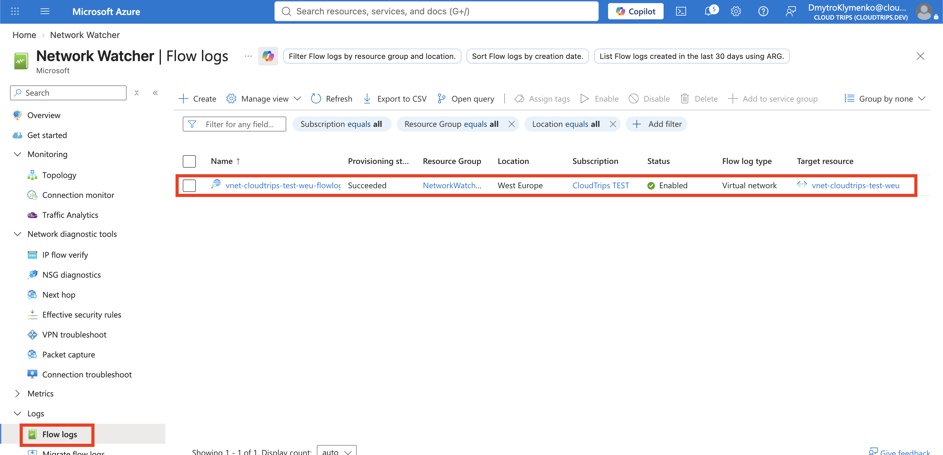 Virtual Network Flow Log für das CloudTrips-VNet mit einem Tag Retention